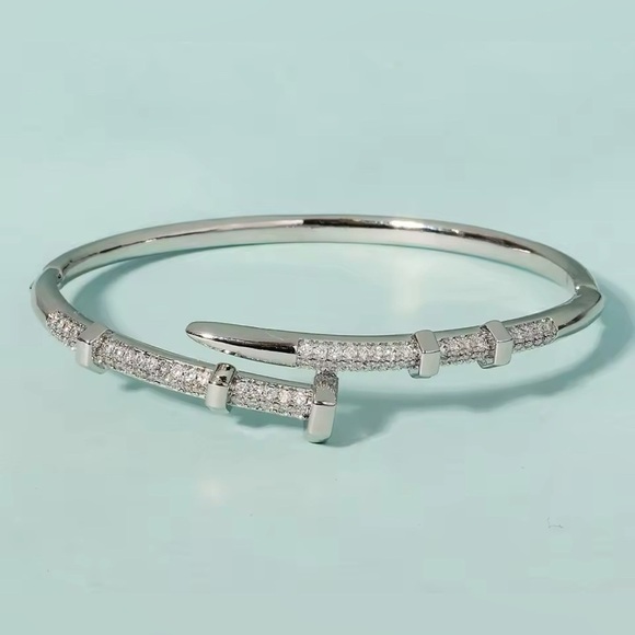 18K White Gold Nail Bolt Screw Bracelet Bangle Diamond Inlay Designer Inspired - Picture 3 of 8